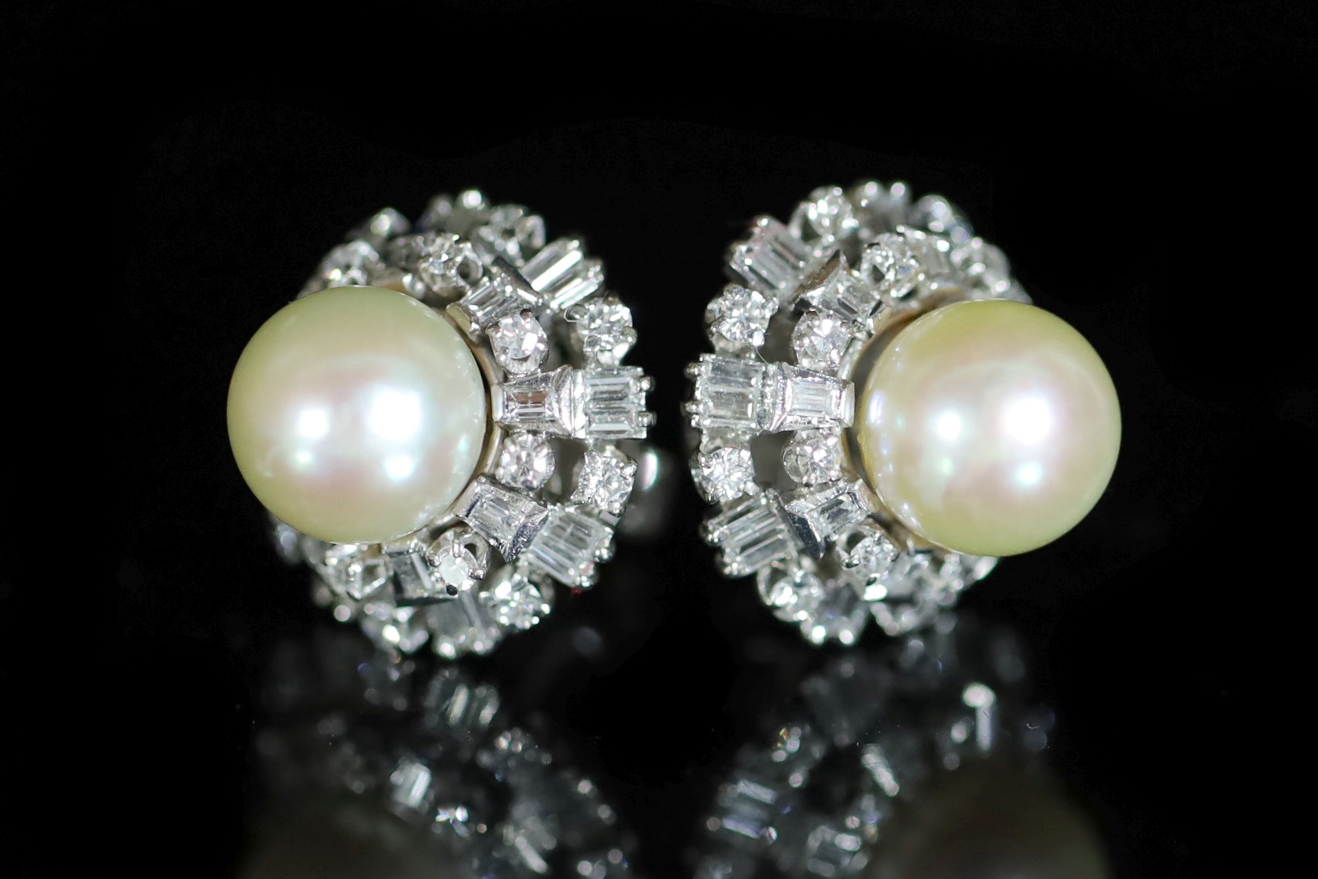 A pair of 14ct gold (585) cultured pearl and diamond set circular cluster stud earrings,